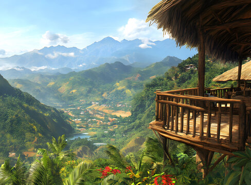 熱帶雨林木質(zhì)陽臺上的山景