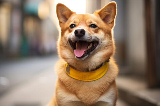 一條戴著黃色項圈的快樂柴犬坐在大街上