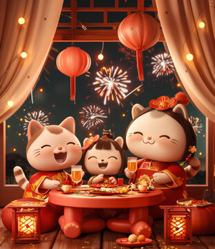 貓一家慶祝春節(jié)