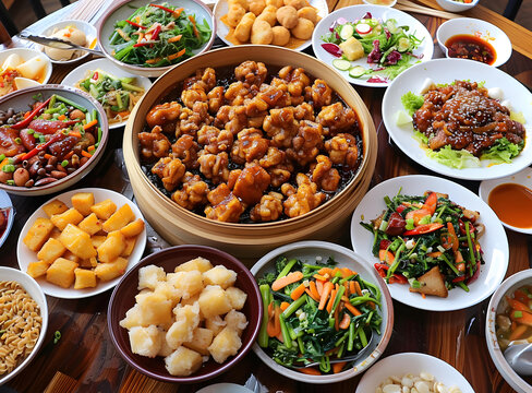 美味的中國(guó)菜肴擺放在木質(zhì)餐桌上