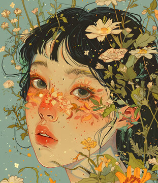 花朵環(huán)繞的少女臉部數(shù)字