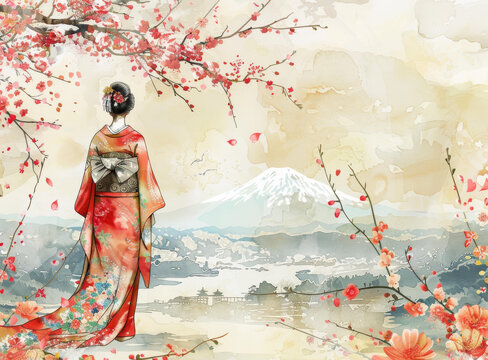 身穿紅色和服的站在櫻花盛開的原野上，背景是富士山