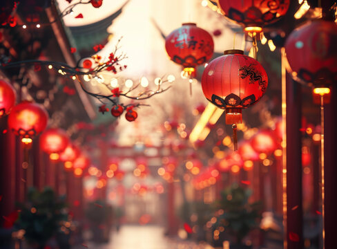 大紅燈籠高掛烘托節(jié)日氣氛