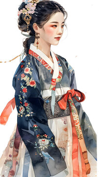 身穿韓國傳統(tǒng)服飾的韓國女性的美麗插圖