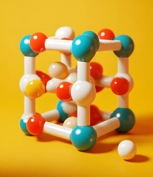 黃色背景上的彩色3D分子結(jié)構(gòu)模型