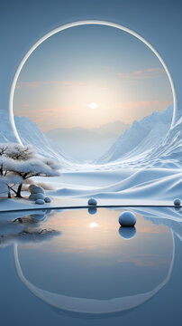寧靜的雪景湖泊和湖邊的石頭和樹木