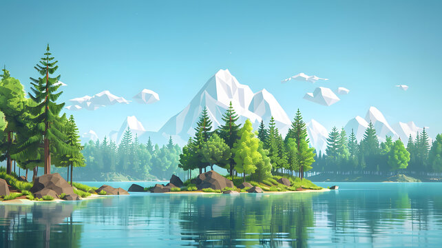 低多邊形山間湖泊