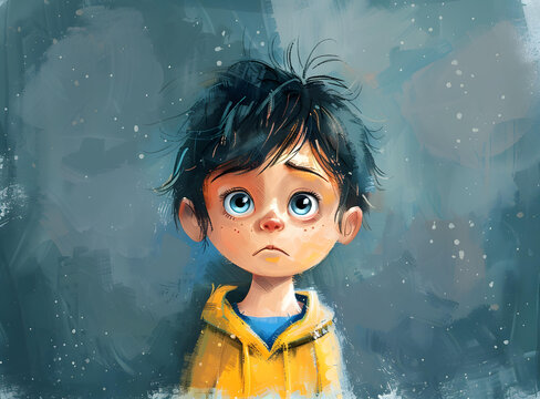 一個穿著黃色雨衣的小男孩抬頭看著
