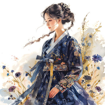 身穿韓國傳統(tǒng)服飾的美麗韓國女性，背景為花卉