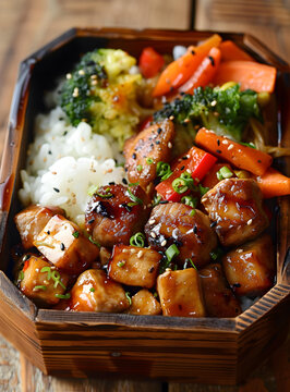 日式便當(dāng)盒，里面有雞肉照燒、米飯和蔬菜