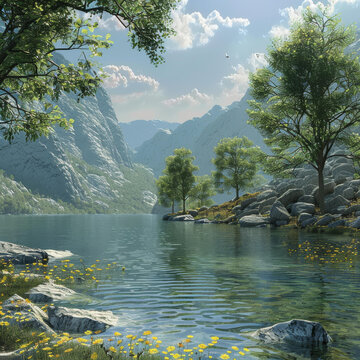 寧?kù)o的山谷湖泊湖邊有綠樹和黃花