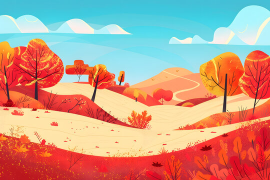 秋天風(fēng)景，紅色和黃色樹木