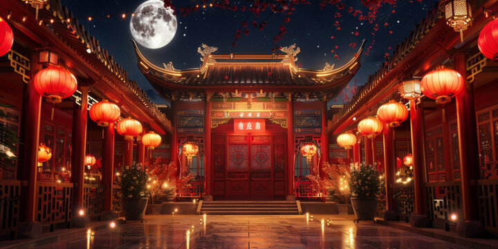 紅燈籠和滿月下的庭院
