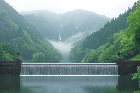 山間瀑布與水壩的風(fēng)景