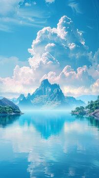奇幻山峰倒映在靜謐湖中