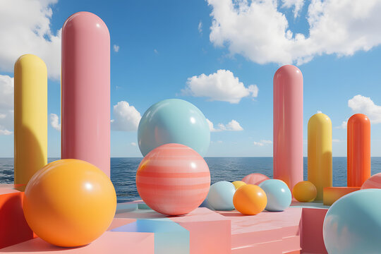彩色幾何圖形海邊3D抽象背景