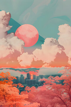 粉紅色云朵和夕陽的城市剪影