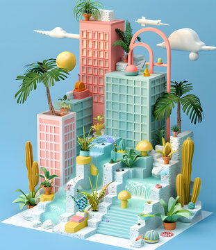 現(xiàn)代城市景觀瀑布與植物抽象3D