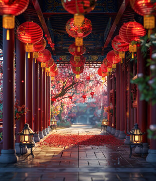 紅燈籠和櫻花樹的中國庭院