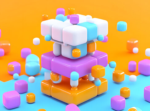 橙色背景上的抽象彩色3D幾何圖形