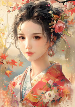 一位美麗的亞洲婦女穿著和服，背景是秋葉