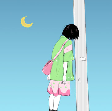 女生靠在電線桿上唯美插畫