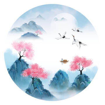水墨仙鶴山水畫