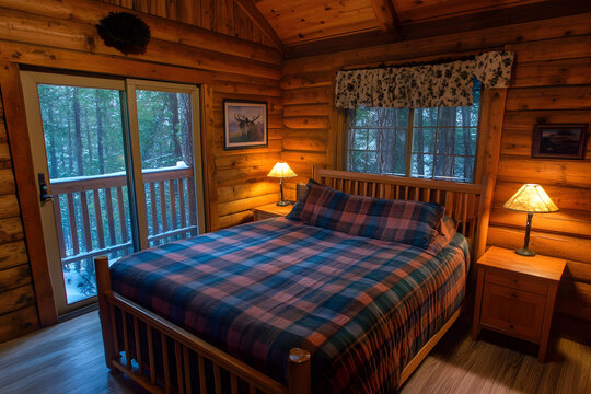 舒適的原木小屋臥室，配有格子床罩和雪景