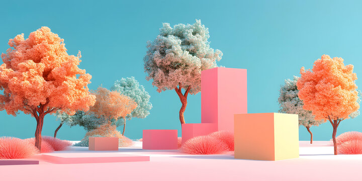 極簡彩色樹木和幾何平臺的3D
