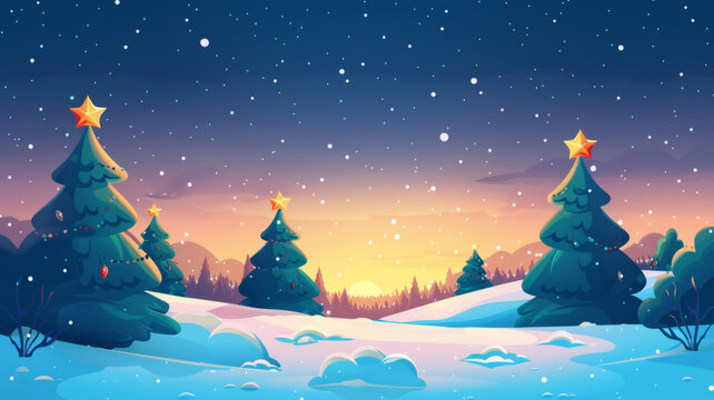 在白雪皚皚的鄉(xiāng)村雪地里，幾棵圣誕樹在夜幕下閃耀