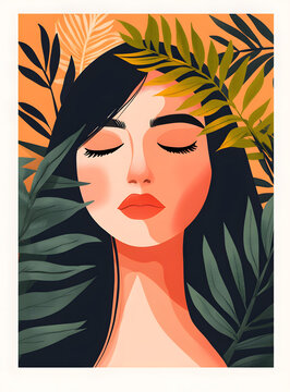 閉眼女人與熱帶植物