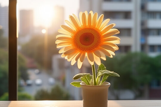 非洲菊花瓶插在窗臺上窗外是城市風(fēng)光