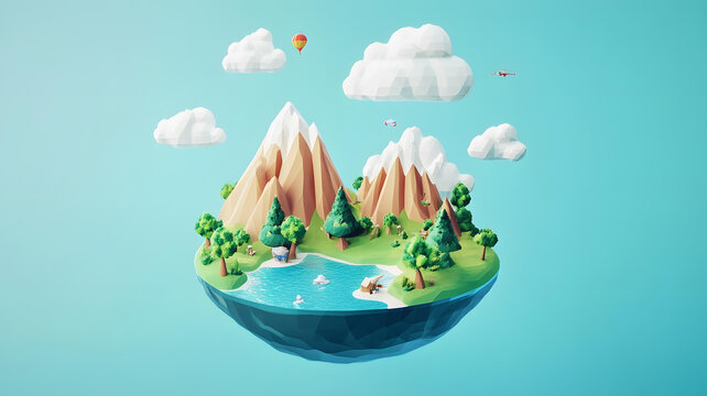 低多邊形3D渲染的小島漂浮在空中，島上風(fēng)景包括山脈、樹(shù)木、湖泊和天空