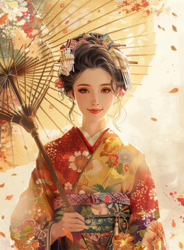 身穿和服撐傘的亞洲女子
