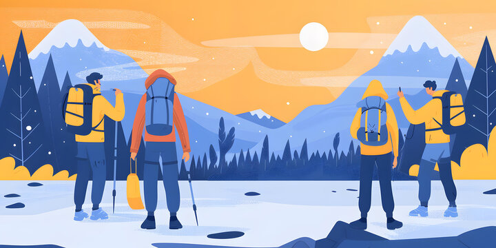 登山者在雪山頂峰欣賞風(fēng)景