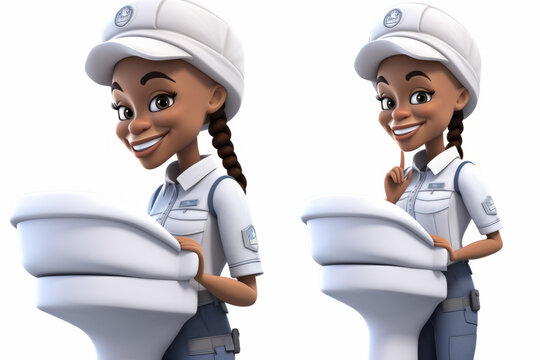 兩位身穿制服的黑人女性水管工依靠在馬桶上