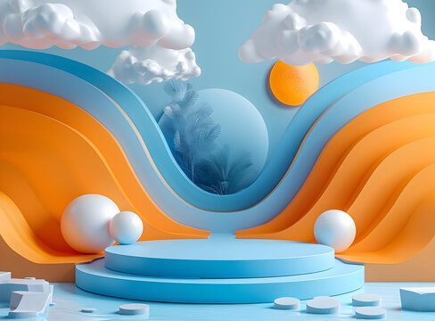 3D渲染的領獎臺，背景為藍色和橙色