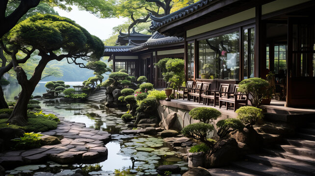 具有湖景和花園的庭院