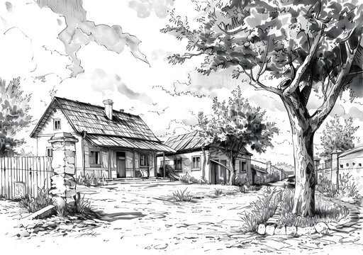 黑白兩棟房屋風(fēng)景畫