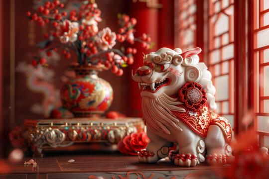 石獅子擺件和一樹紅梅