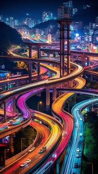 車(chē)水馬龍的城市高速公路立交橋夜景