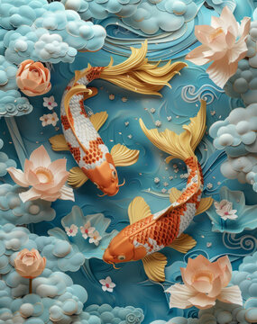 鯉魚戲蓮的AI圖片