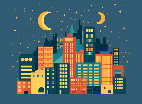 夜空繁星下的城市剪影