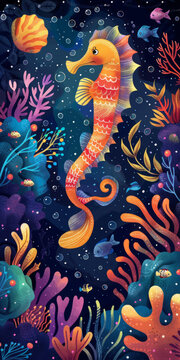 五彩繽紛的海馬在珊瑚礁中游動(dòng)插圖