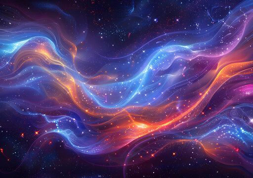 五彩斑斕的星云和星系，在黑暗的太空中，有發(fā)光的粒子，動態(tài)的線條和明亮的光芒