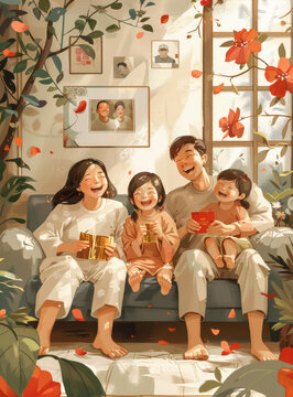 一家人坐在沙發(fā)上開心地笑