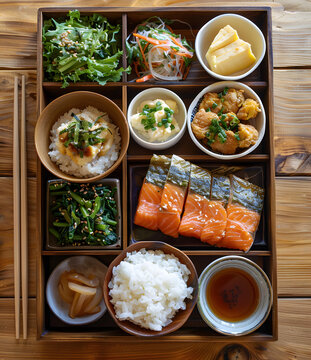 日式料理便當(dāng)盒，包括米飯、魚(yú)、蔬菜和沙拉，美味又健康