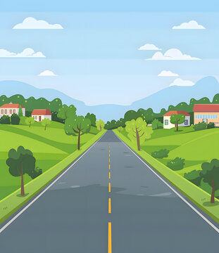 鄉村公路綠樹房屋景觀