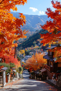 日本村莊的秋葉美景