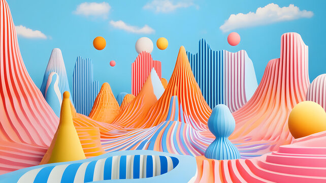 抽象彩色3D景觀，帶有條紋山脈和漂浮的球體